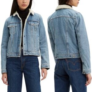 Levi's Denim Original Sherpa Trucker Jacket Women's L Faux Fur Lined Blue